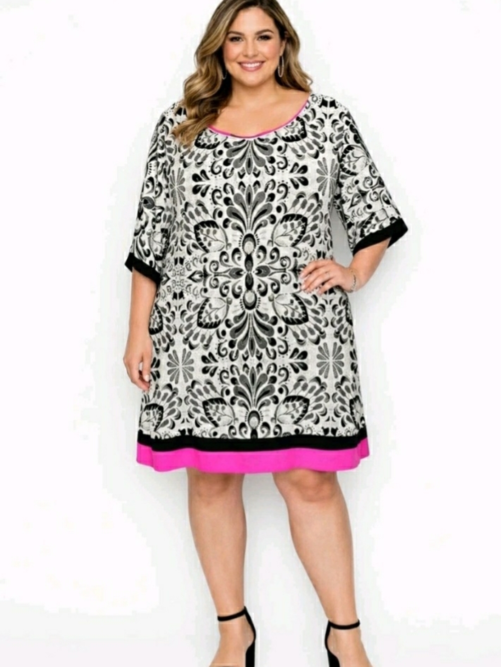 Eliza J Dress Womens Sz 24W 3/4 Sleeve Black White Pink Comfort Party Wedding